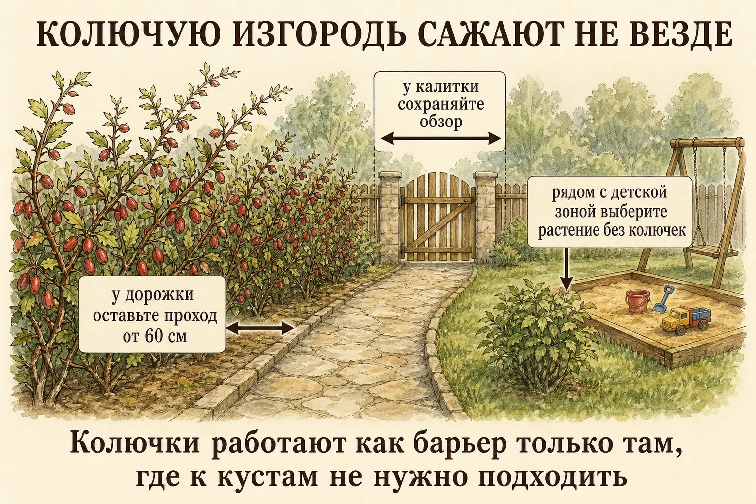Схема безопасного размещения колючей изгороди у дорожки, калитки и детской зоны