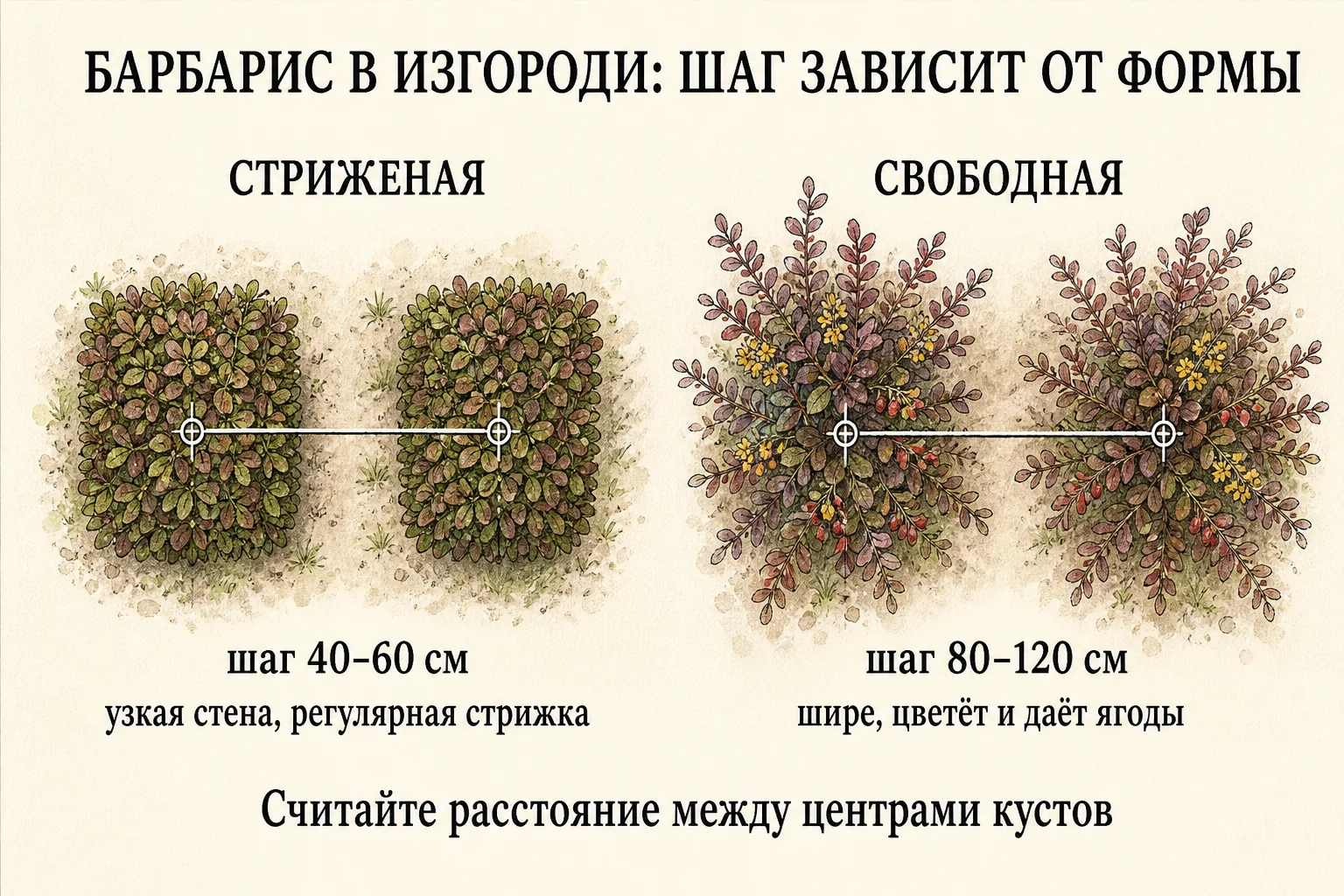 Схема шага для стриженой и свободной изгороди из барбариса