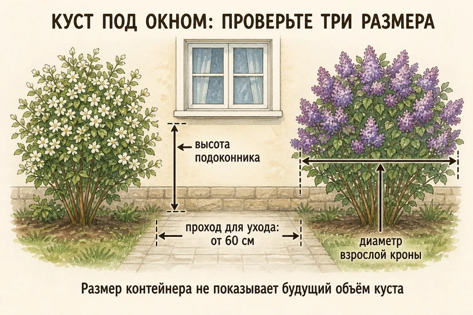 Схема трёх размеров куста под окном: подоконник, взрослая крона и проход