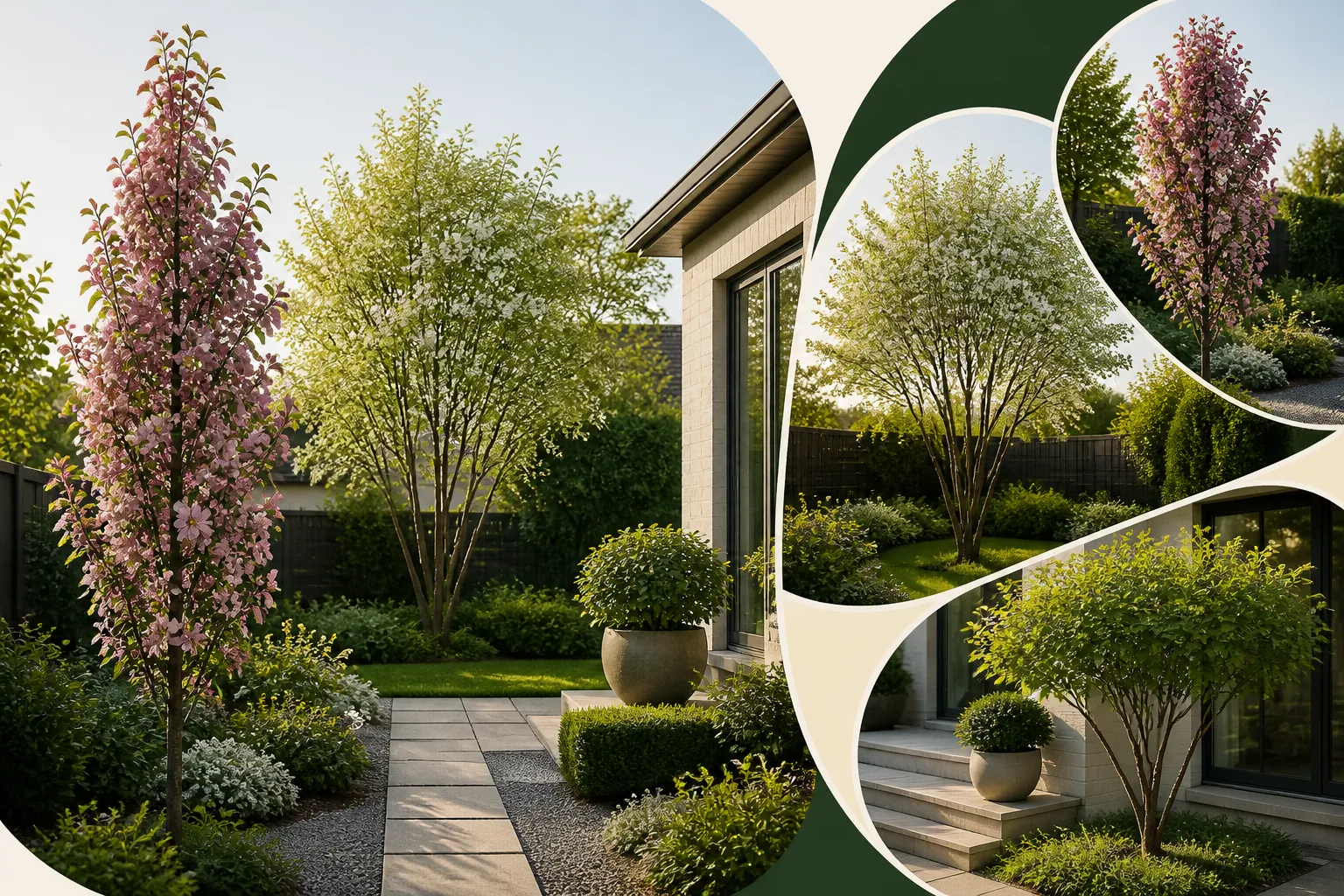 Компактный сад с узким цветущим деревом, многоствольной иргой и небольшим деревом у террасы