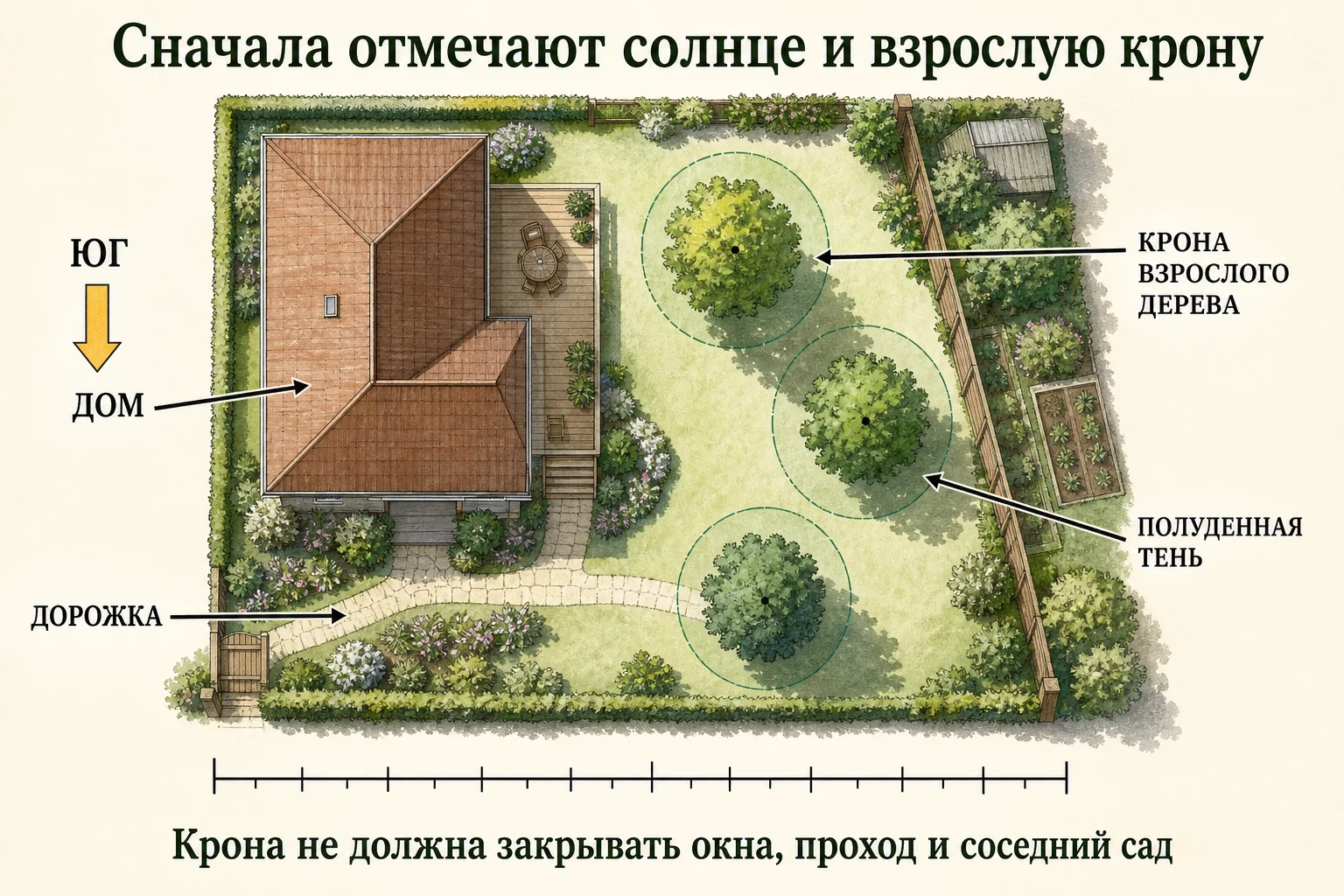 План маленького участка с домом, дорожкой, югом и взрослыми кронами деревьев