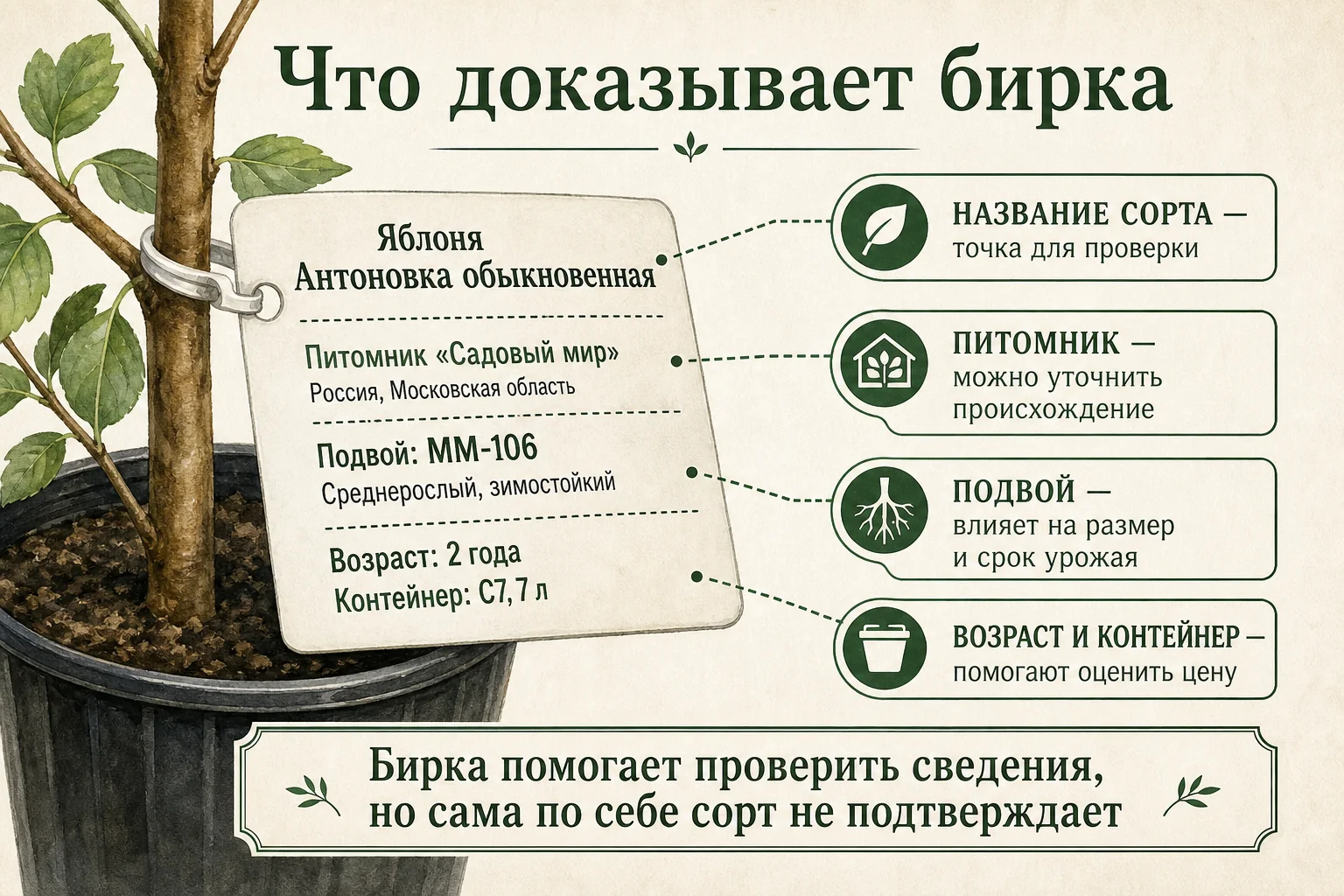 Разбор сведений на бирке яблони: сорт, питомник, подвой, возраст и контейнер