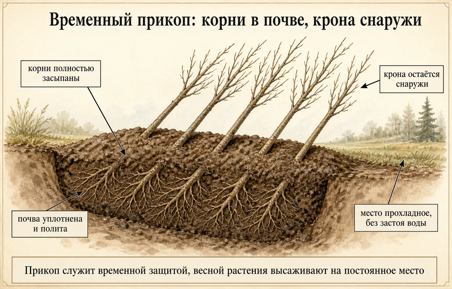 Разрез временного прикопа с корнями в почве и кроной снаружи