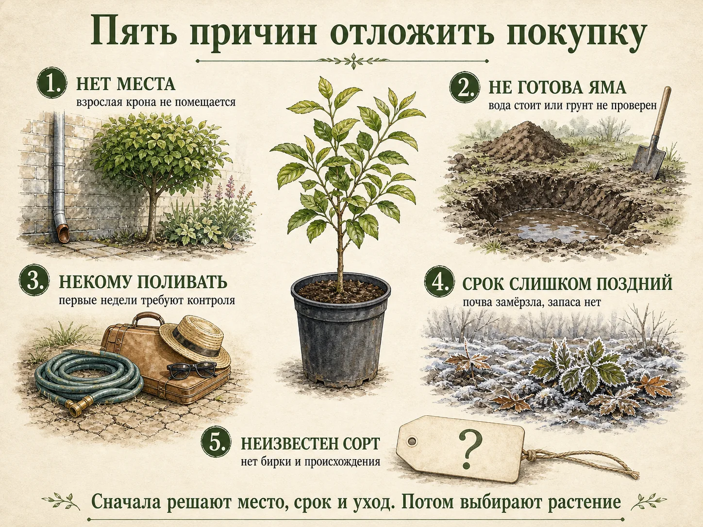Пять причин отложить покупку саженца: нет места, не готова яма, нет полива, поздний срок и неизвестный сорт