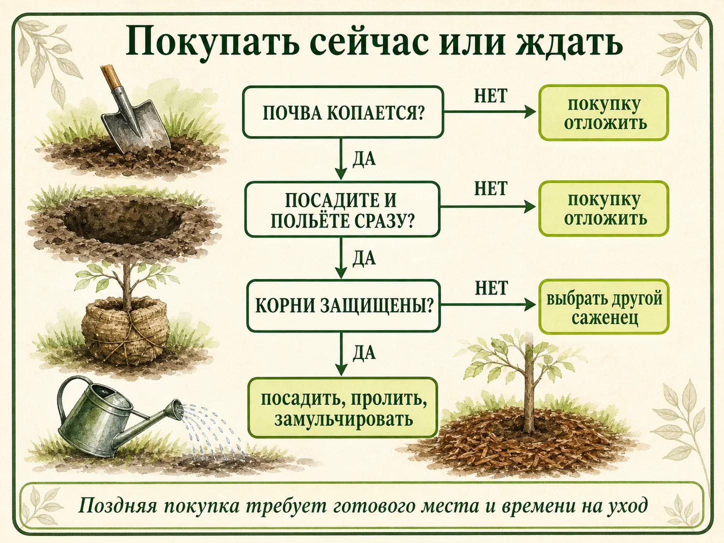 Дорожная карта решения о поздней покупке саженца по почве, поливу и состоянию корней