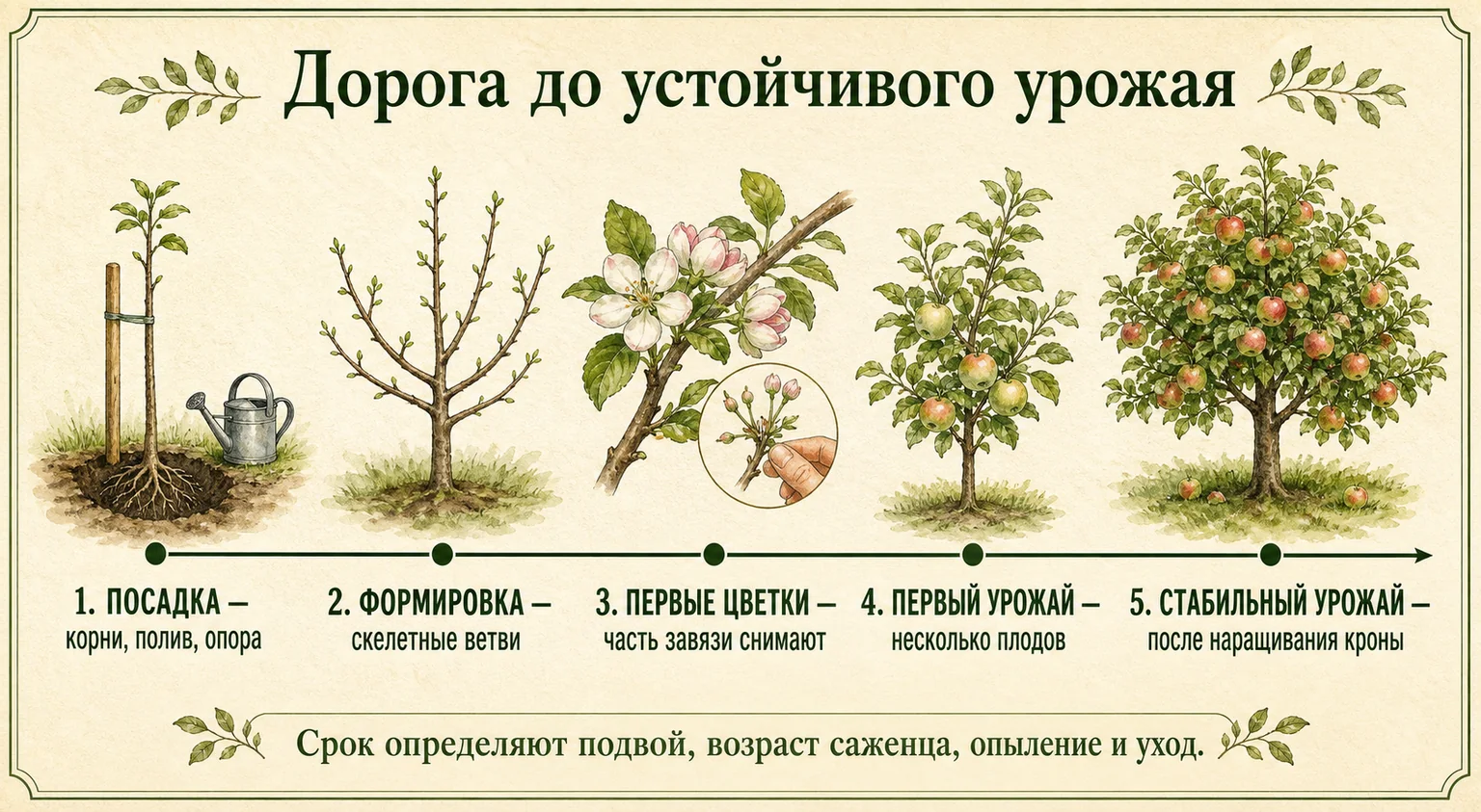 Дорожная карта яблони от посадки и формировки до первых цветков, первых плодов и стабильного урожая