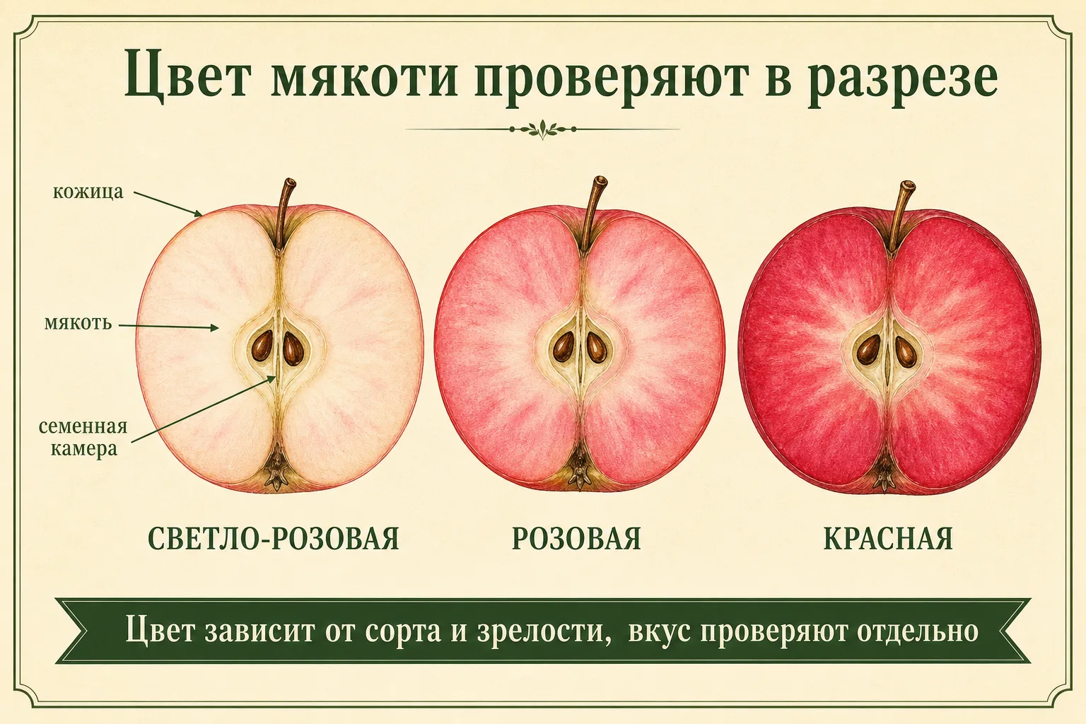Энциклопедическая схема оттенков мякоти красномясых яблок в разрезе