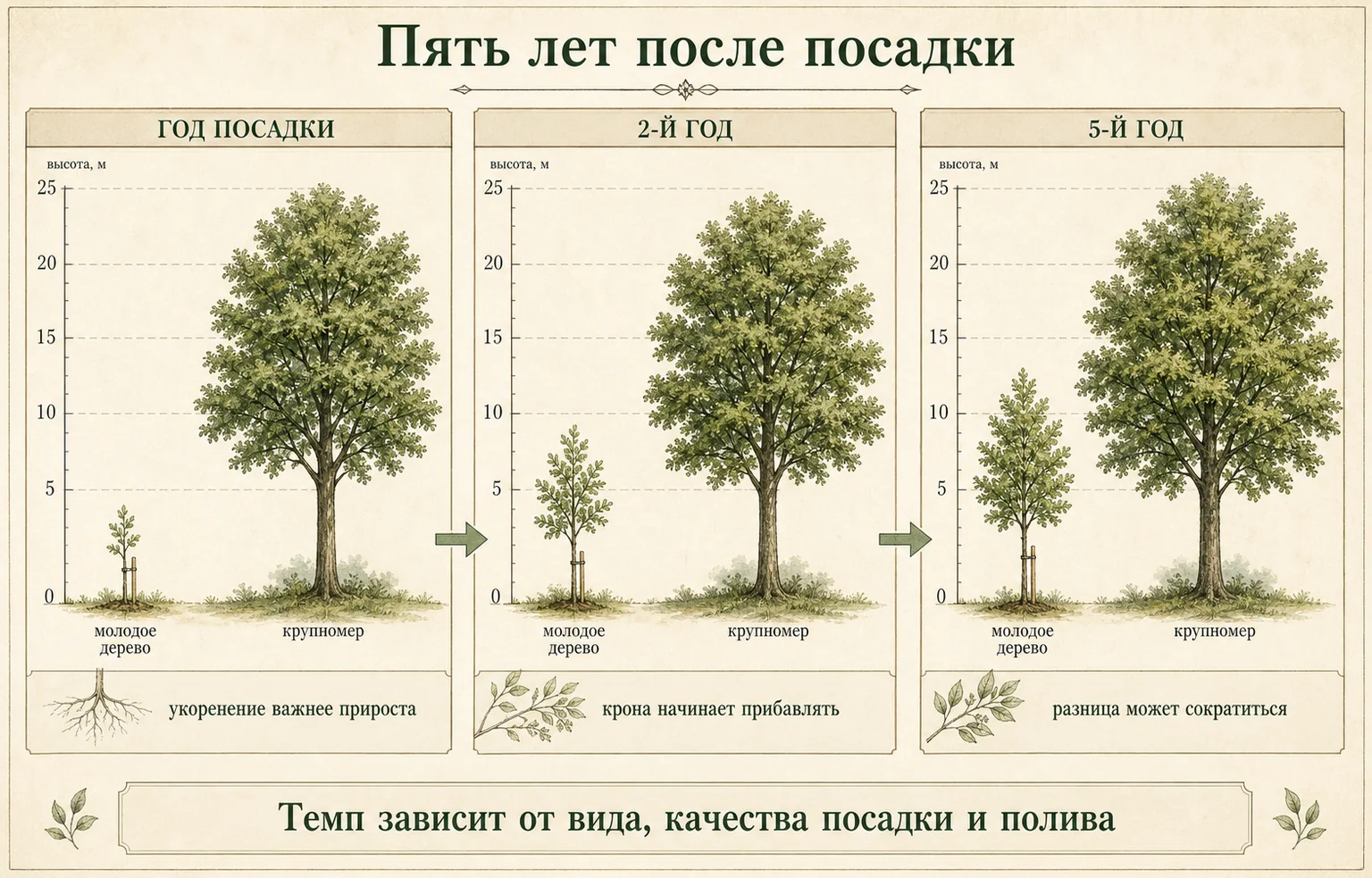Сравнение молодого дерева и крупномера в год посадки, на второй и пятый год