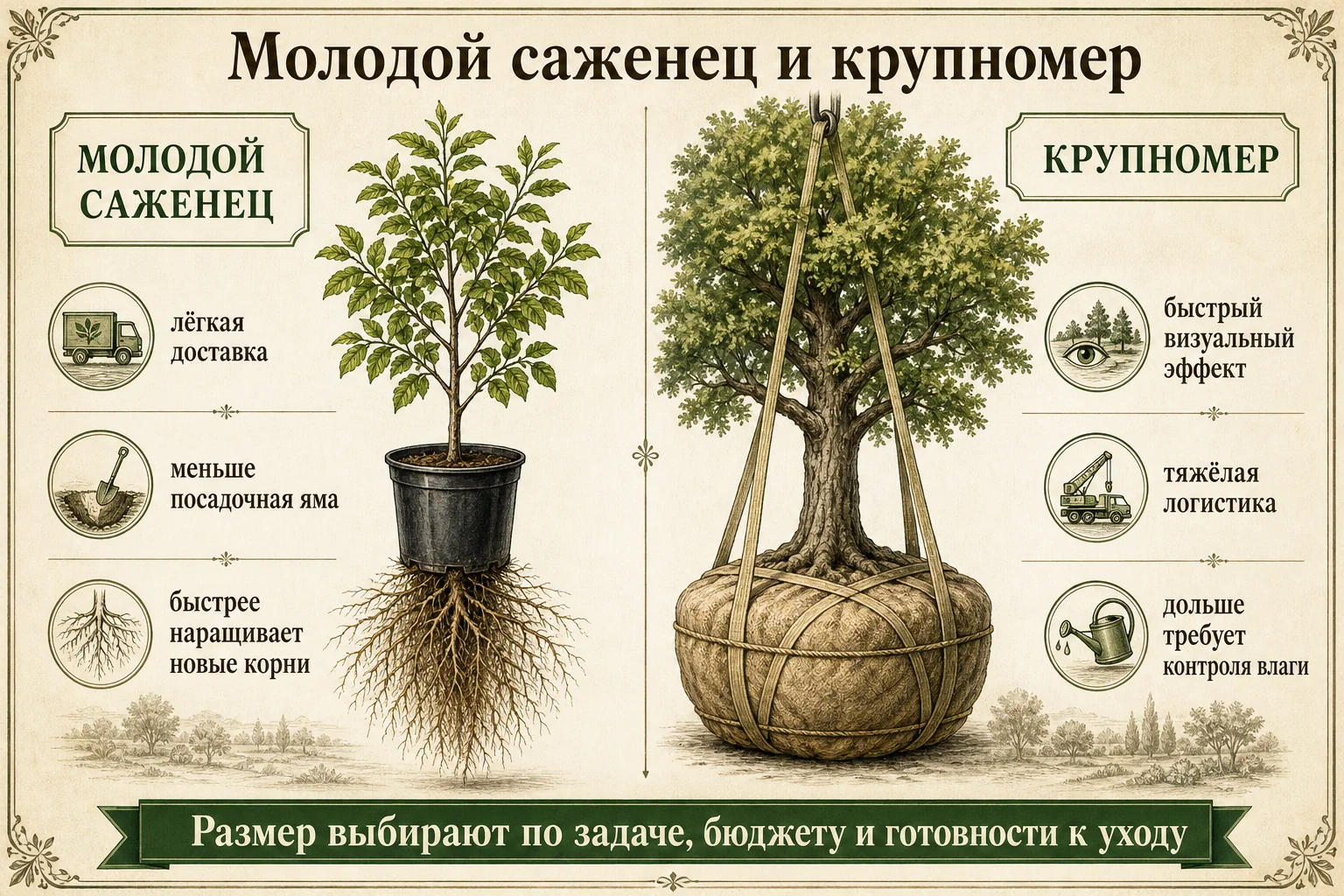 Энциклопедическое сравнение молодого саженца и крупномера