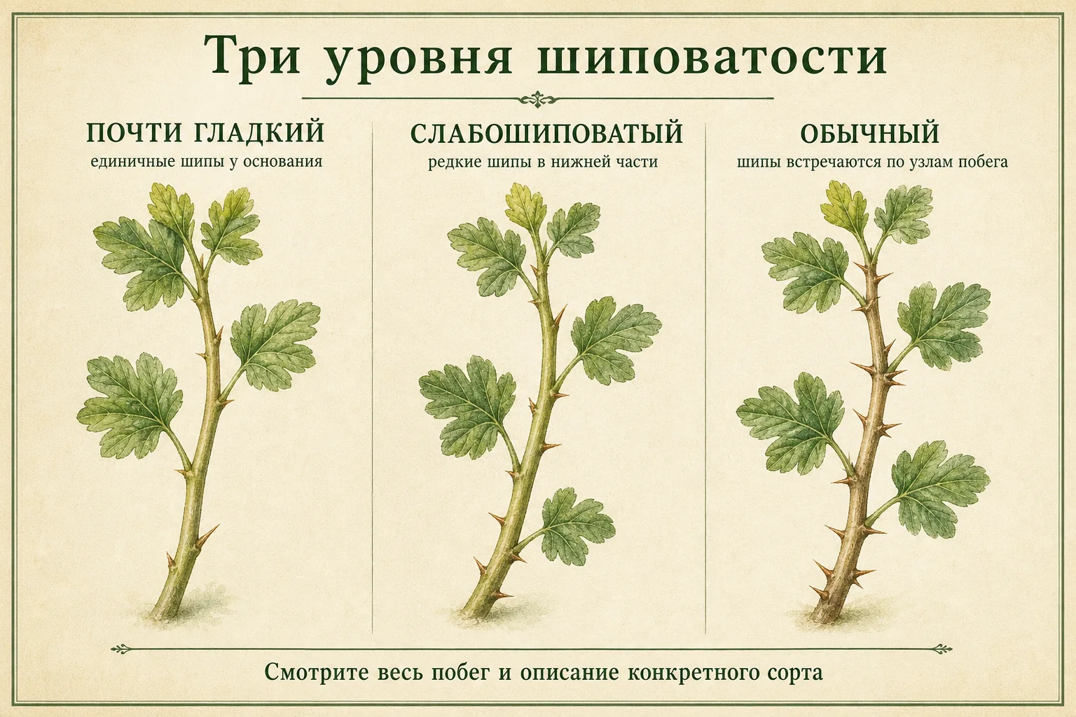 Энциклопедическое сравнение почти гладкого, слабошиповатого и обычного побега крыжовника