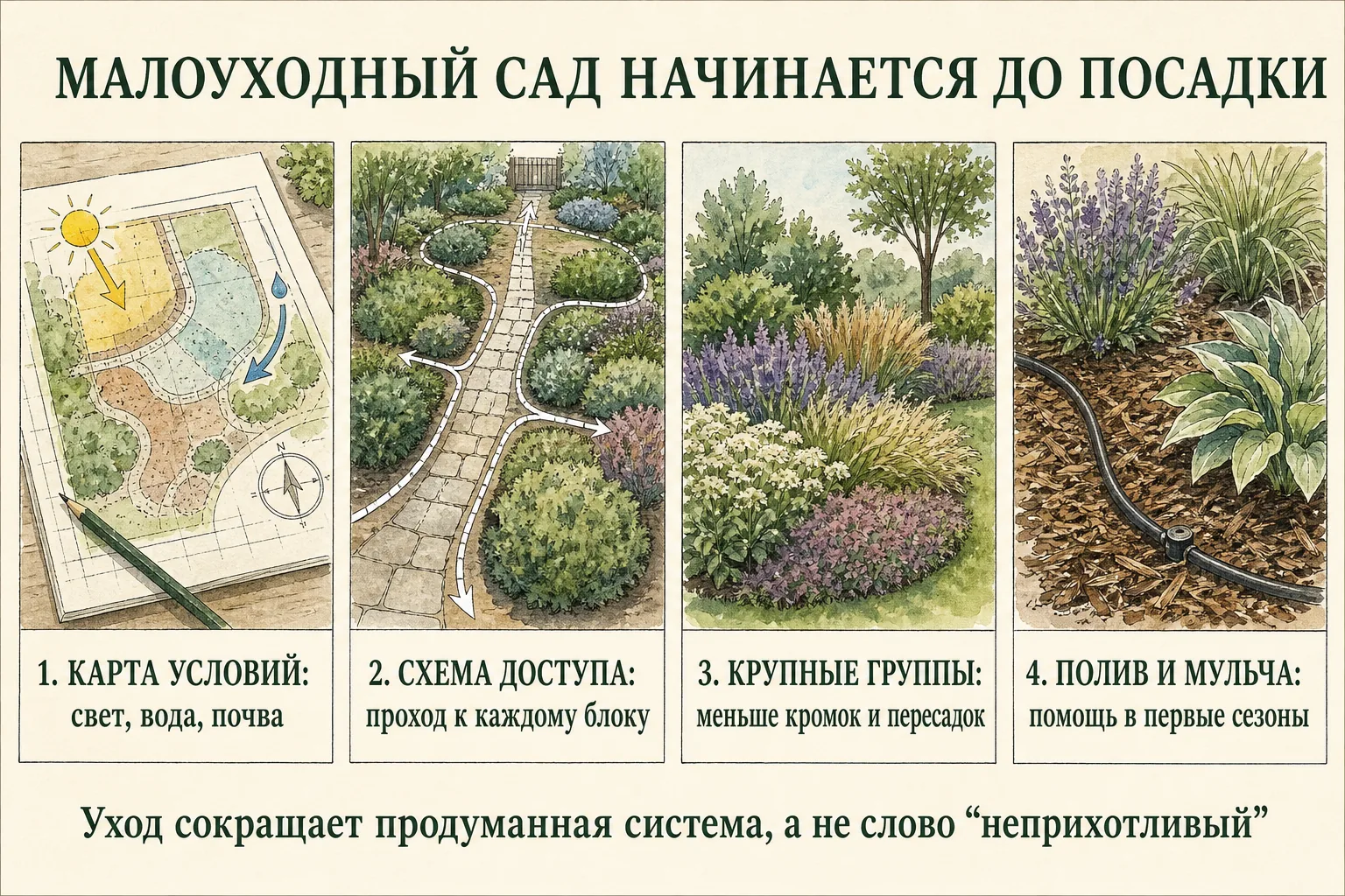 Дорожная карта малоуходного сада от карты условий до полива и мульчи