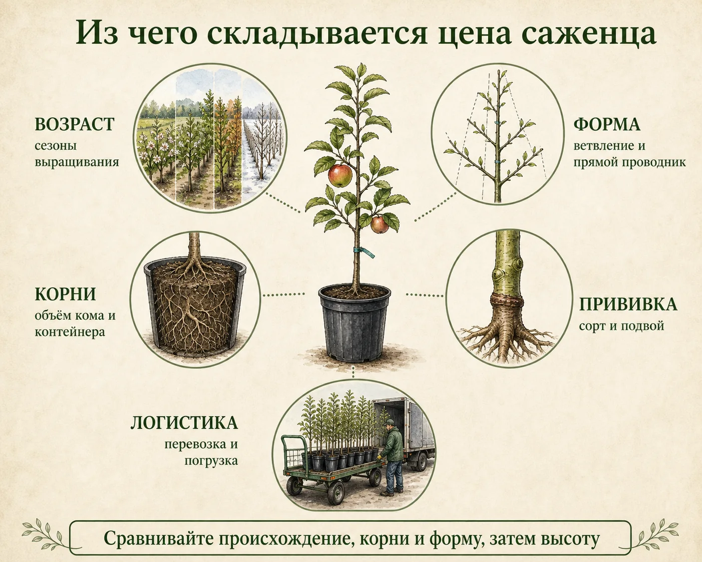 Энциклопедическая схема факторов цены саженца: время, размножение, корни, формировка и сорт