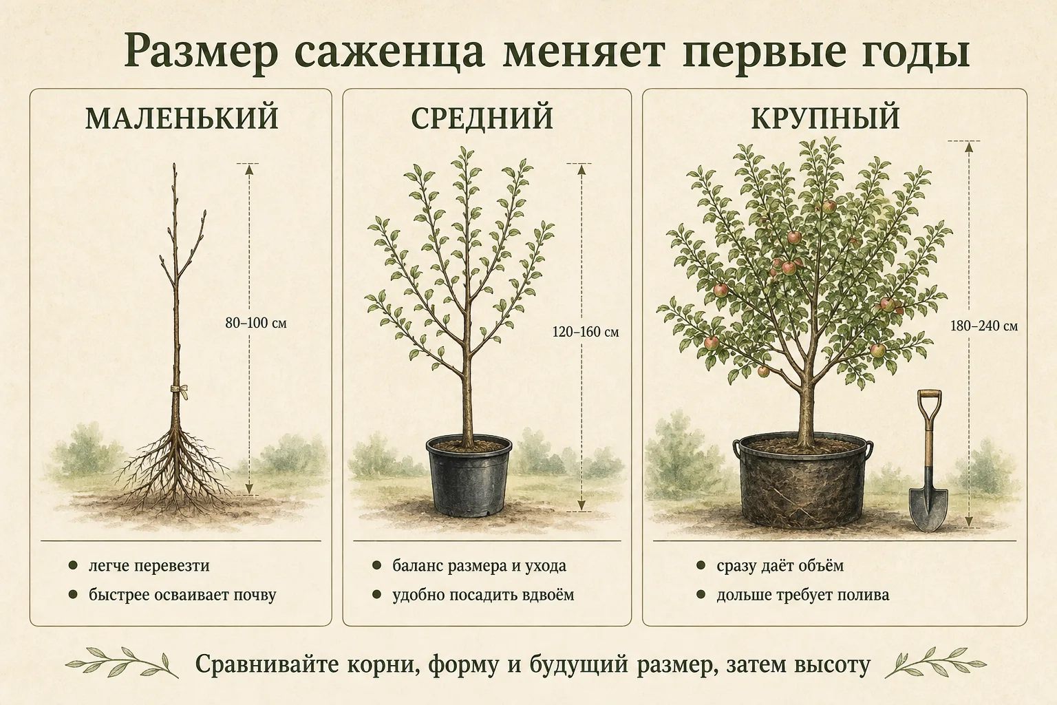 Сравнение малого, среднего и крупного саженца по размеру кроны, корней и сложности укоренения