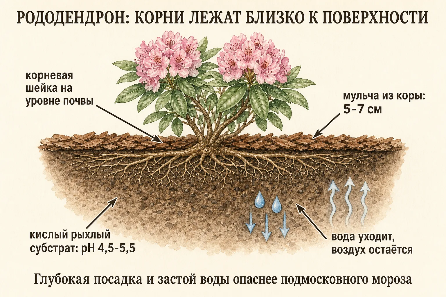 Разрез посадки рододендрона с кислым субстратом, поверхностными корнями и мульчей