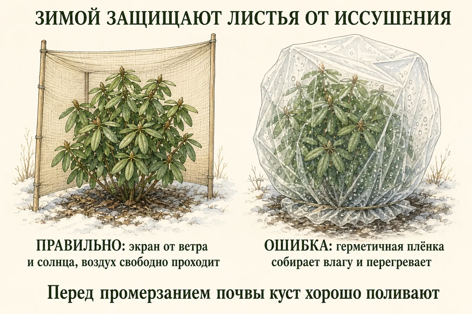 Сравнение зимнего экрана для рододендрона и герметичной плёнки