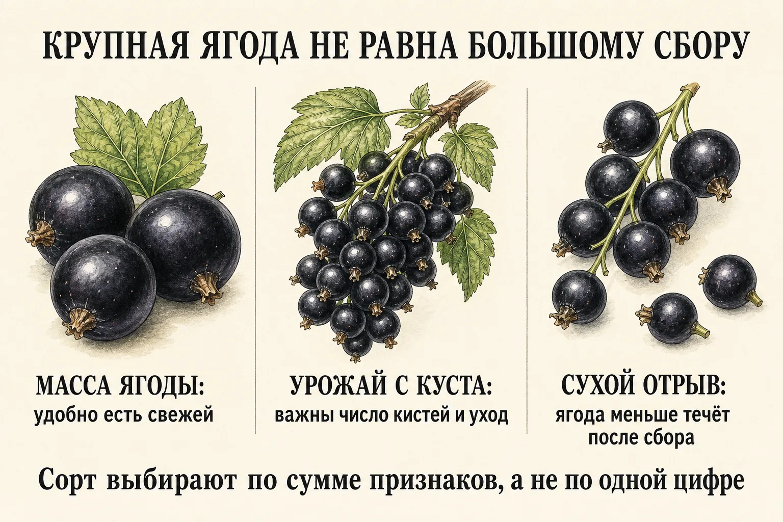 Инфографика о массе ягоды, урожае с куста и сухом отрыве смородины