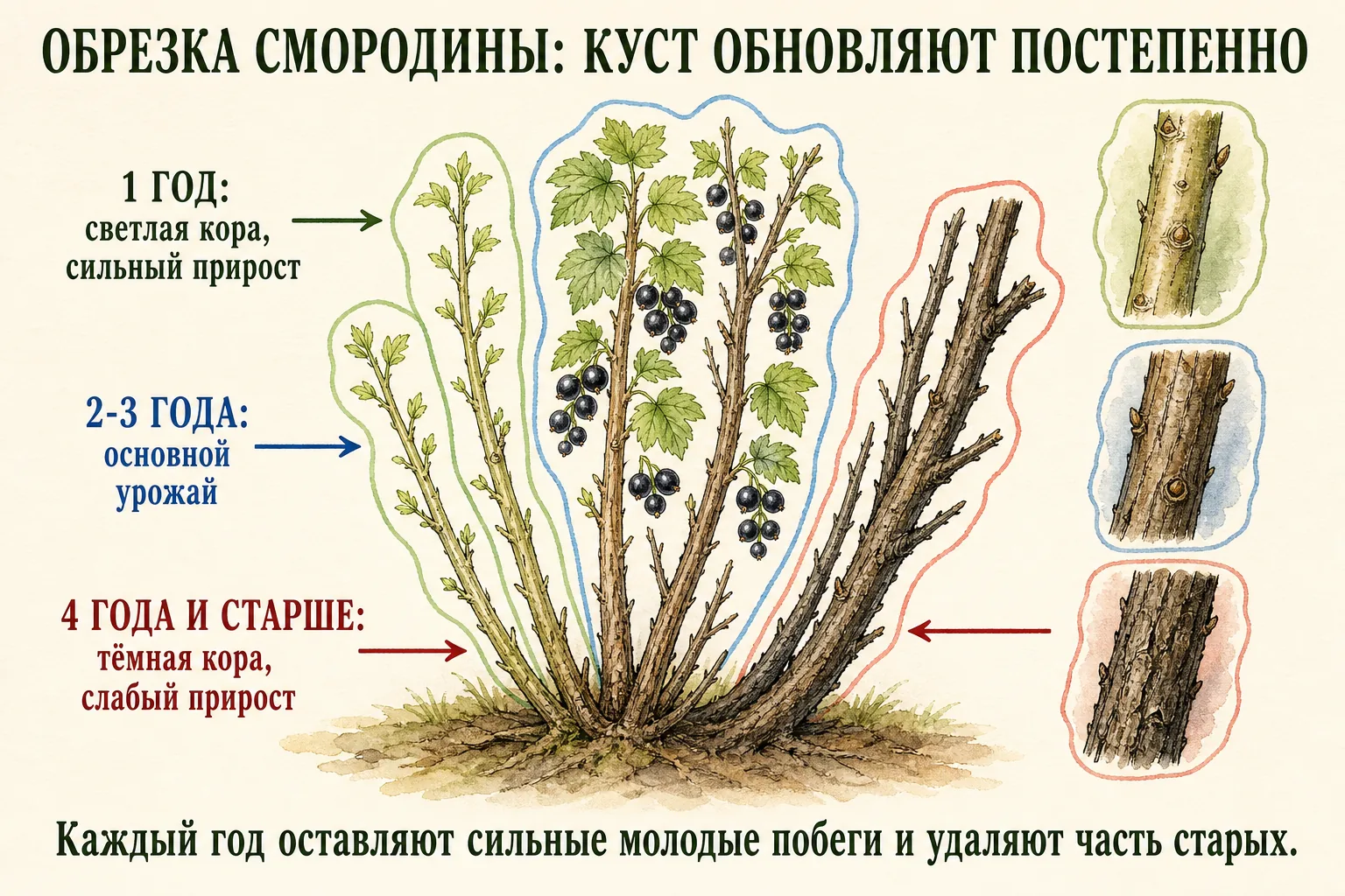 Схема побегов чёрной смородины первого, второго, третьего и старшего возраста