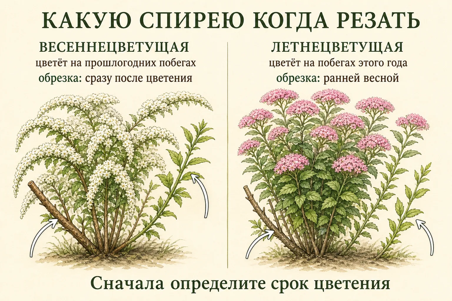 Энциклопедическое сравнение обрезки весеннецветущей и летнецветущей спиреи