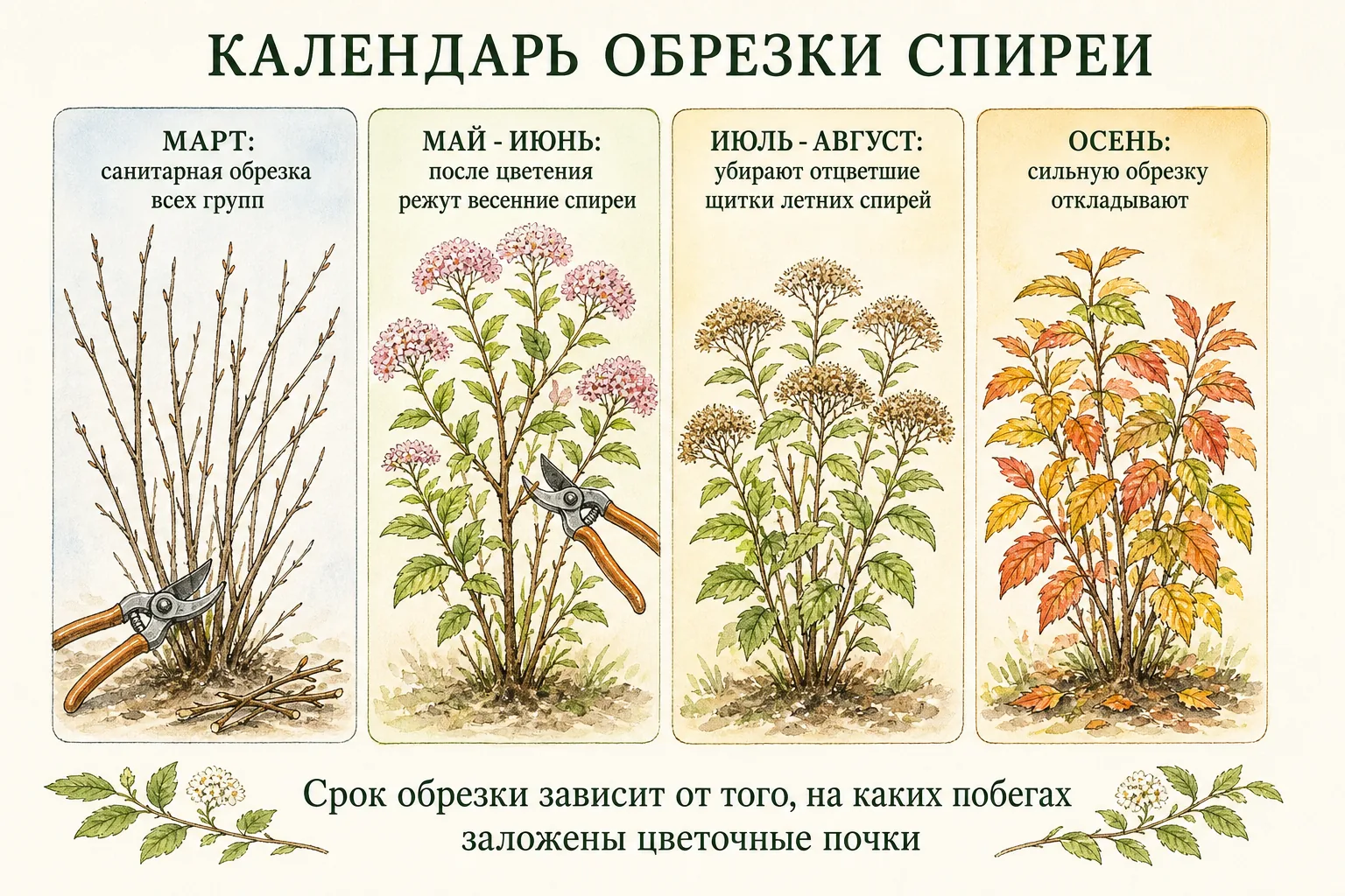 Календарь обрезки спиреи по сезонам с подписями