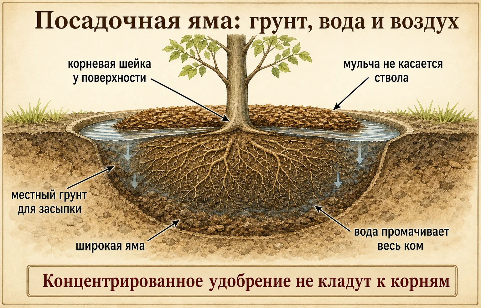 Энциклопедический разрез правильной посадочной ямы с местным грунтом, водой и мульчей